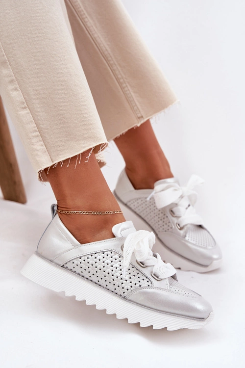 Skórzane Sneakersy Damskie Na Platformie D&A LR51-796 Srebrne