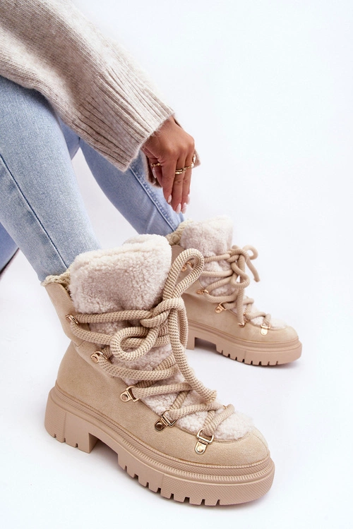 Trapery Śniegowce Damskie Z Wiązaniem Jasnobeżowe Shala