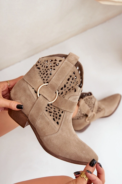 Zamszowe Botki Kowbojki Ażurowe Na Obcasie Zazoo 2994 Beżowe