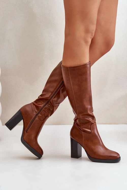 Kozaki Na Słupku Eko Skórzane Przed Kolano Camel Riamaya