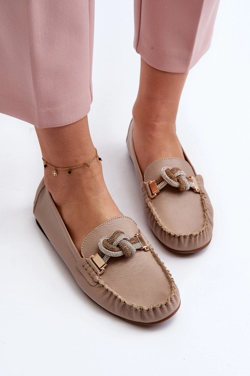 Skórzane Mokasyny Damskie Z Ozdobą Laura Messi 2761 Beżowe