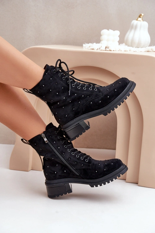 Zdobione Botki Workery Damskie Ocieplane D&A MR880-017 Czarne