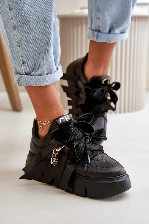 Sneakersy Skórzane Damskie Na Platformie Czarne CheBello 4568