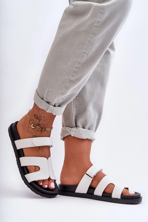 Skórzane Klasyczne Klapki Damskie Na Rzep Białe Amedon