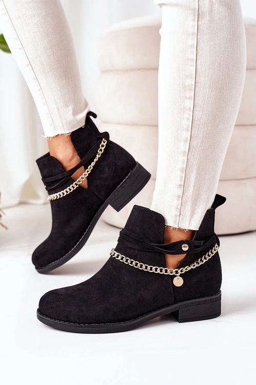 Zamszowe Botki Z Łańcuszkiem Czarne Elvira