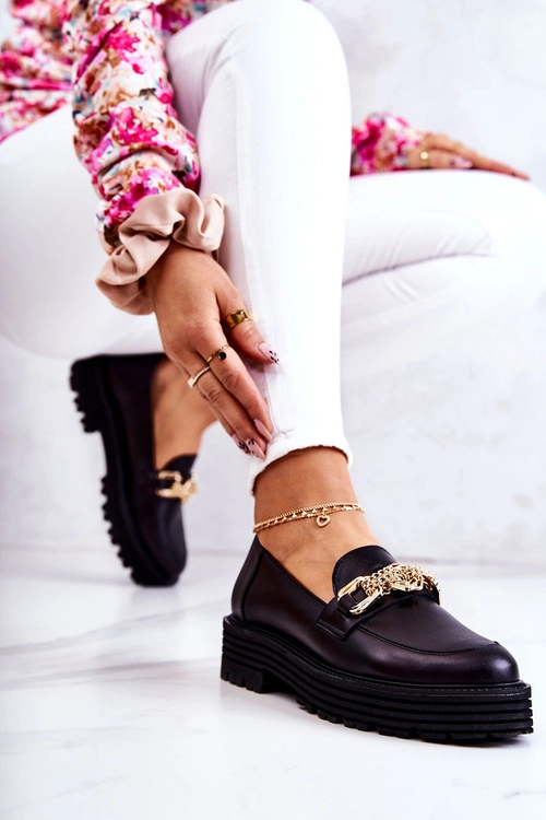 Damskie Półbuty Złota Ozdoba Skórzane Laura Messi 2383 Czarne