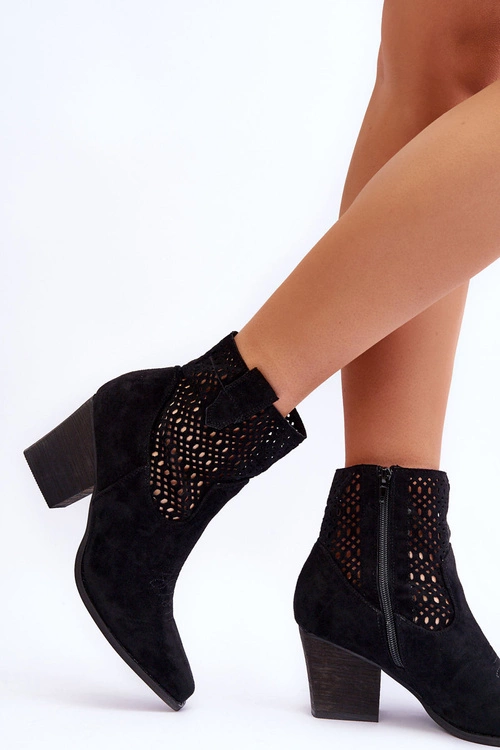 Damskie Zamszowe Kowbojki Botki Na Słupku Czarne Norvella