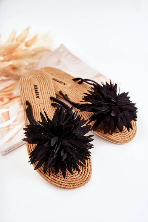 Damskie Klapki Japonki Z Materiałową Ozdobą Czarne Eviana