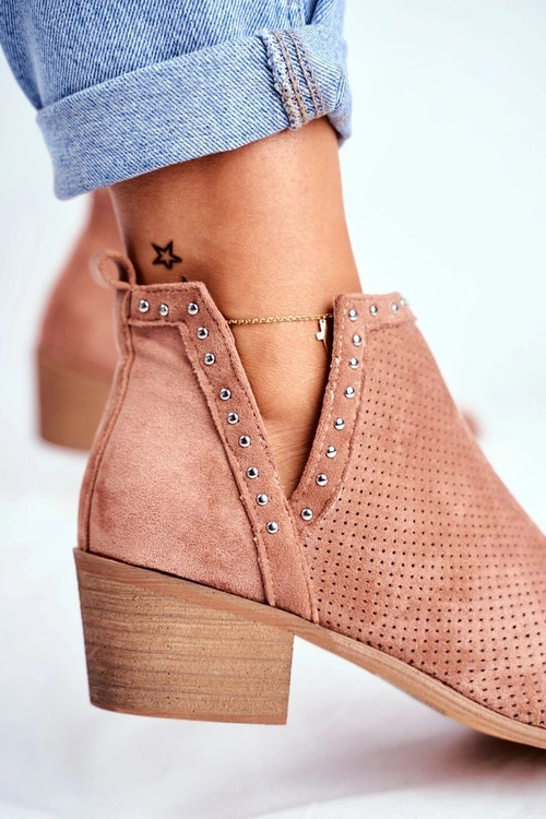 Botki Damskie Na Słupku Zamszowe Ażurowe Różowe Margate