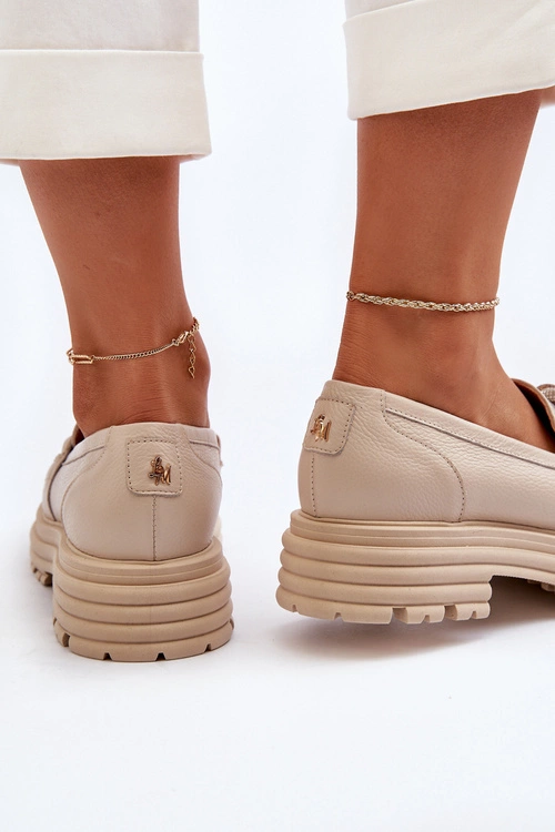 Skórzane Mokasyny Damskie Z Ozdobą Laura Messi 2780 Beżowe