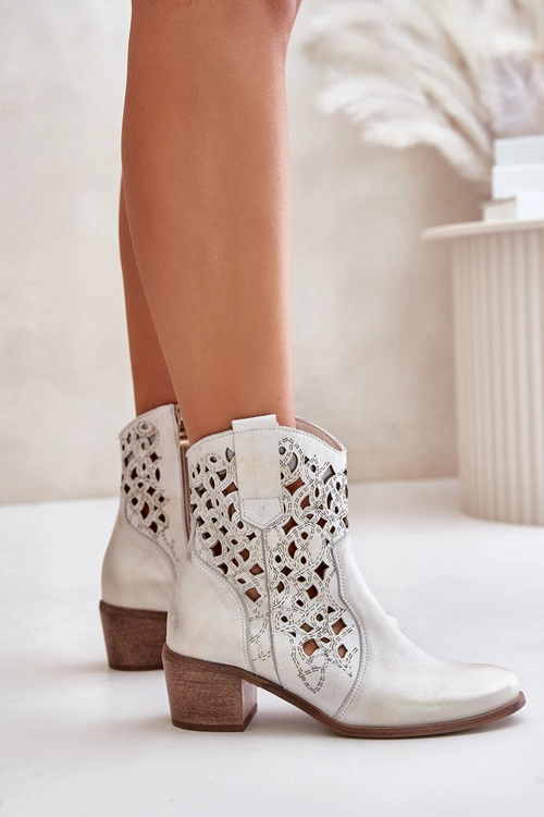 Damskie Botki Na Obcasie Z Ażurowym Wzorem Lewski 3394/2 Złote Przecierane