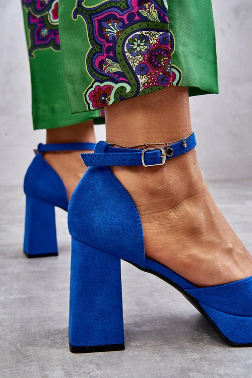 Zamszowe Czółenka Na Masywnym Obcasie I Platformie Niebieskie Diame