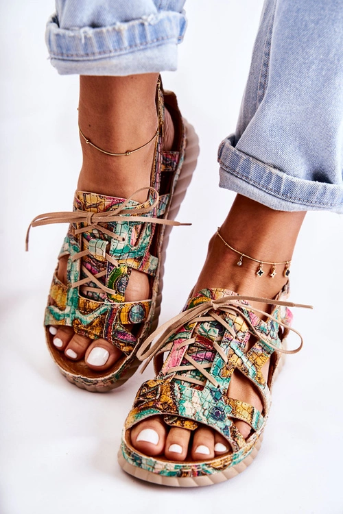 Damskie Skórzane Sandały Na Rzep 05375-09 Zielone