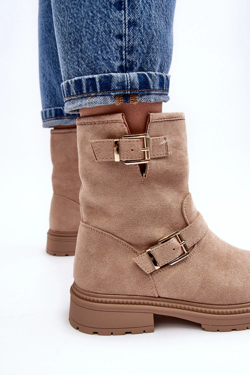 Botki Damskie Na Płaskim Obcasie Z Klamrami Beżowe Bliggore