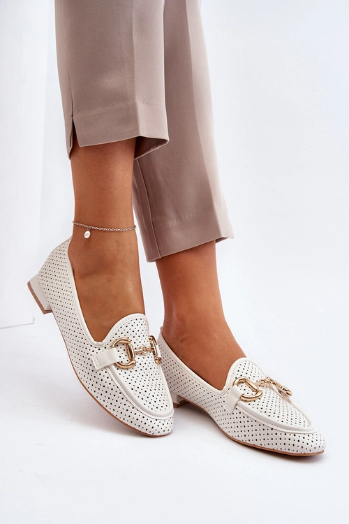 Mokasyny Damskie Na Płaskim Obcasie Z Ozdobą Białe Iluvana