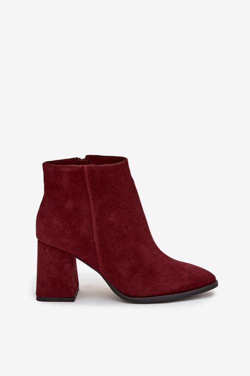 Botki Z Naturalnego Zamszu Obcas Słupek Ocieplane Bordowe Zazoo 3128