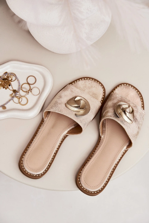 Klapki Damskie Na Płaskim Obcasie Z Ozdobnym Detalem KV51-007 Złote