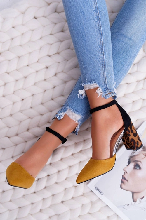 Czółenka Damskie Na Słupku Panterki Żółte Ferri