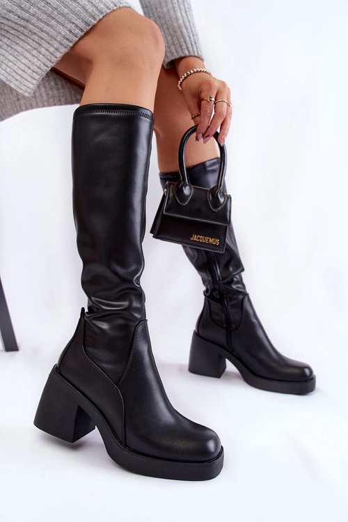 Damskie Skórzane Ocieplane Kozaki Na Zamek Czarne Slavis