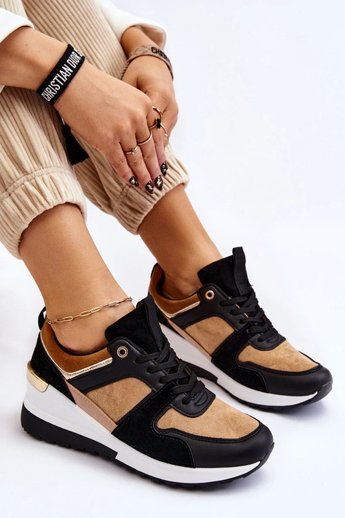 Klasyczne Sneakersy Na Koturnie Beżowo-Czarne Collide