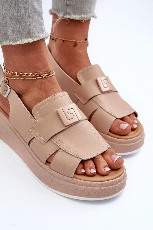 Skórzane Sandały Damskie Na Platformie I Koturnie Ciemnobeżowe Vivitellia