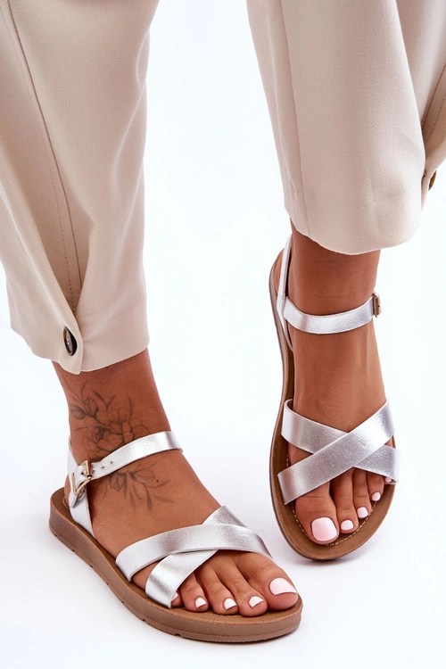 Klasyczne Skórzane Sandały Damskie Srebrne Talisma