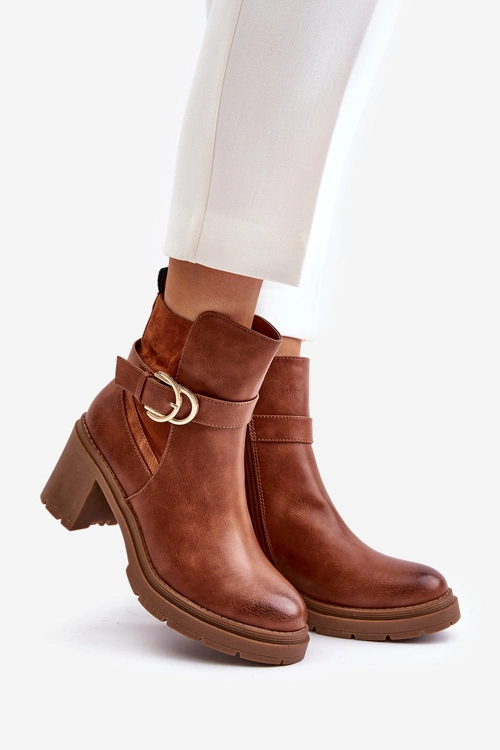 Botki Damskie Na Obcasie Słupku Ocieplane Na Zamek Camel Inabelle