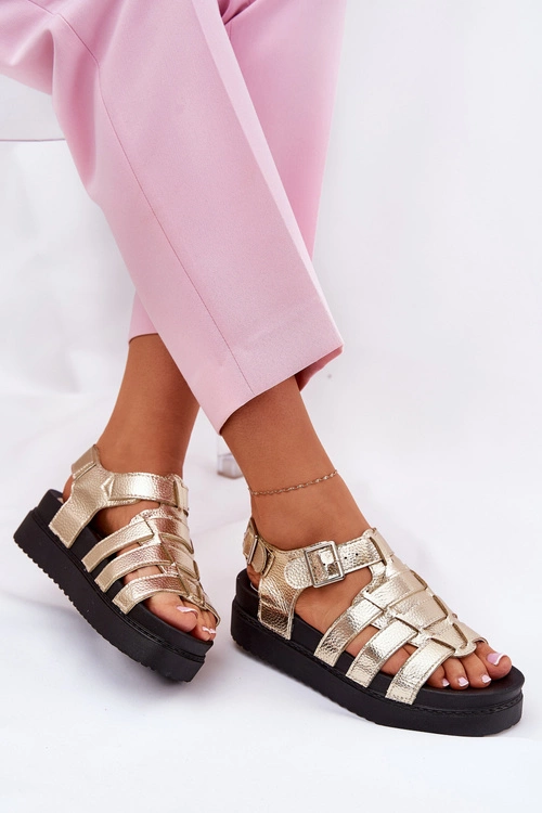 Sandały Damskie Na Platformie Z Klamrami Złote Atarafas