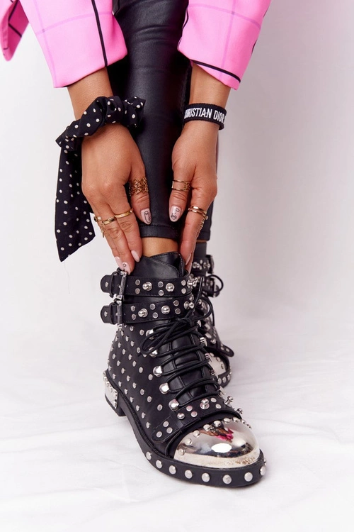 Damskie Ocieplane Botki Workery Z Dżetami Czarne Lu Boo