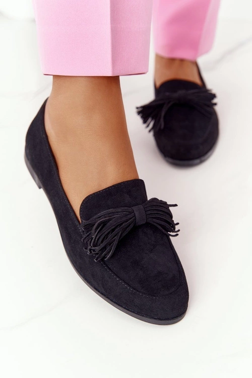 Zamszowe Mokasyny Z Frędzlami Czarne Alicante