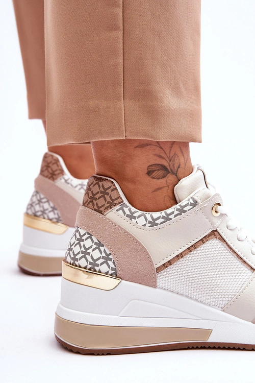 Damskie Sneakersy Buty Sportowe Na Koturnie Biało-Beżowe Nomera