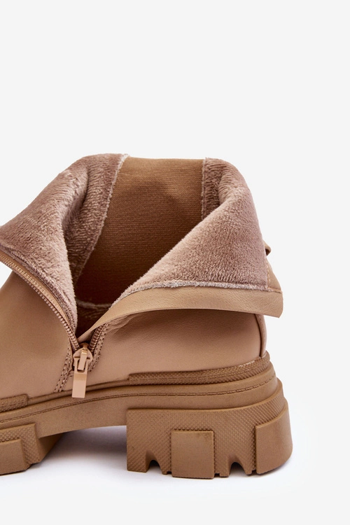 Skórzane Botki Sztyblety Na Płaskim Obcasie i Platformie Beżowe Solita