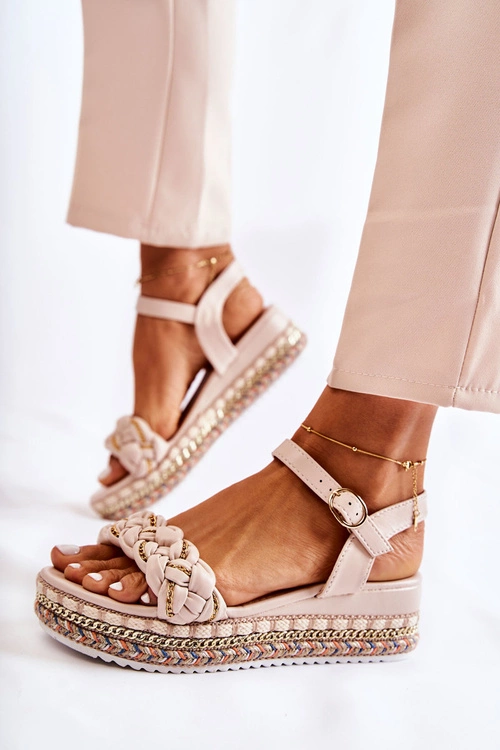 Damskie Plecione Sandały Na Koturnie Beżowe Chaves