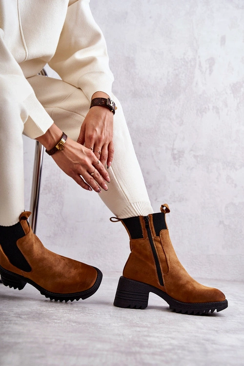 Damskie Ocieplane Botki Na Obcasie Camel Abella