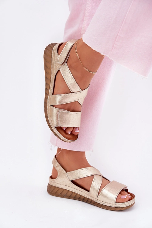 Skórzane Sandały Damskie Na Rzep Maciejka L6848-25 Złote