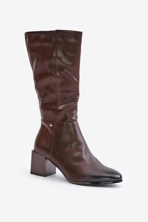 Ocieplnae Kozaki Na Słupku Eko Skórzane Do Połowy Łydki Brązowe Ellithira