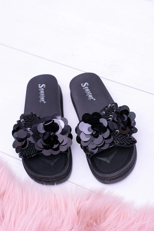 Damskie Czarne Klapki z Kwiatowym Wzorem Muah