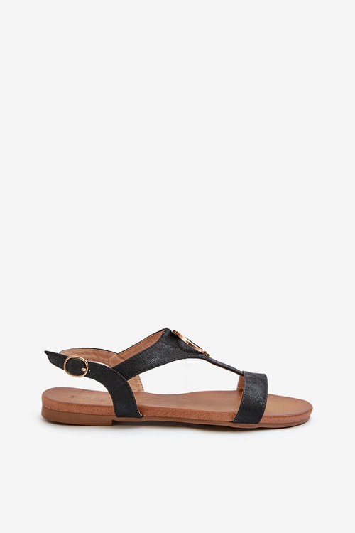 Płaskie Sandały Damskie Ze Złotą Ozdobą S.Barski KV27-051 Czarne