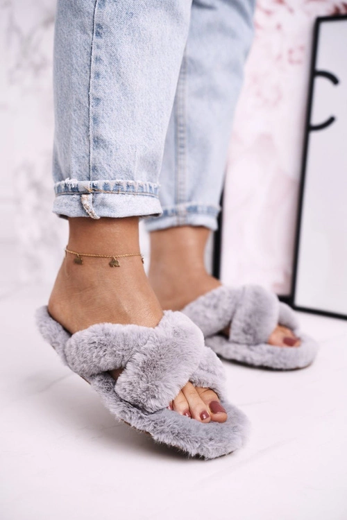 Damskie Klapki Papcie Futrzane Szare Cozy Time