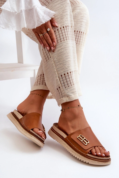 Zazoo 50101 Klapki Damskie Skórzane Na Platformie Brązowe