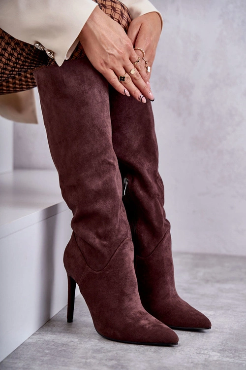 Klasyczne Zamszowe Kozaki Na Szpilce Brązowe Ameya