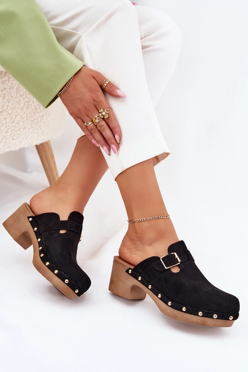 Klapki Chodaki Damskie Na Obcasie Z Klamrą Czarne Veldexina