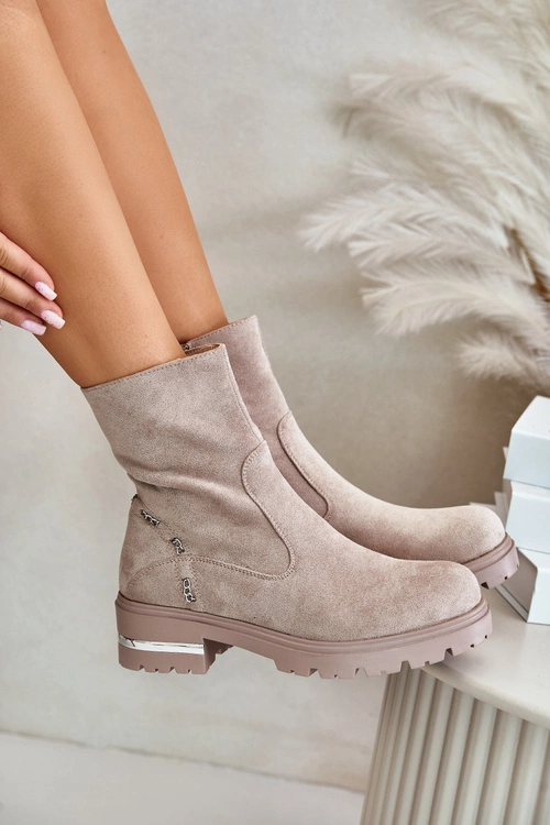 Ocieplane Botki Damskie Z Eko Zamszu Na Zamek Beżowe Narilie