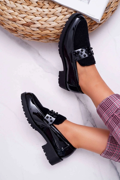 Damskie Półbuty Wsuwane Lakierowane Czarne Delicious