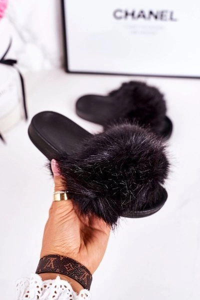 Dziecięce Klapki Z Futerkiem Czarne Fashionista