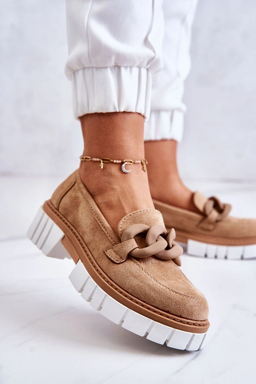 Zamszowe Półbuty Loafery Z Ozdobą Ciemnobeżowe Talisa