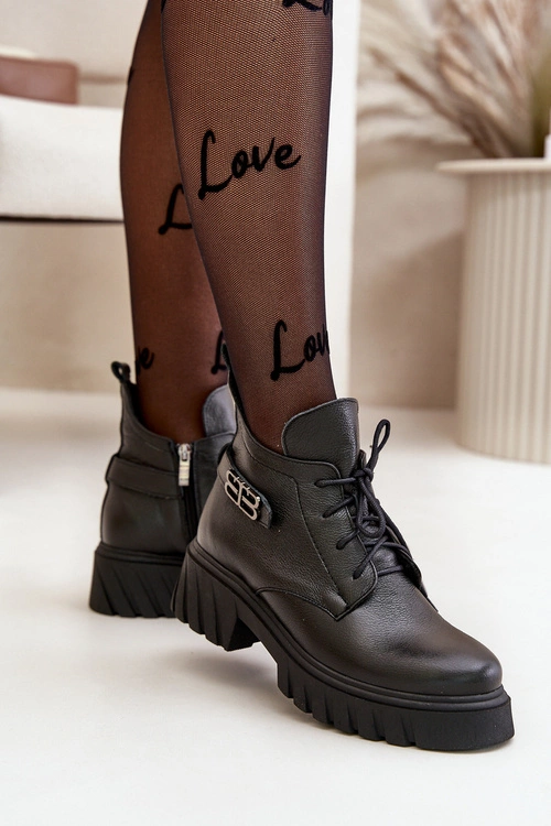 Zazoo 60483 Damskie Skórzane Botki Z Niską Cholewką Ocieplane Czarne