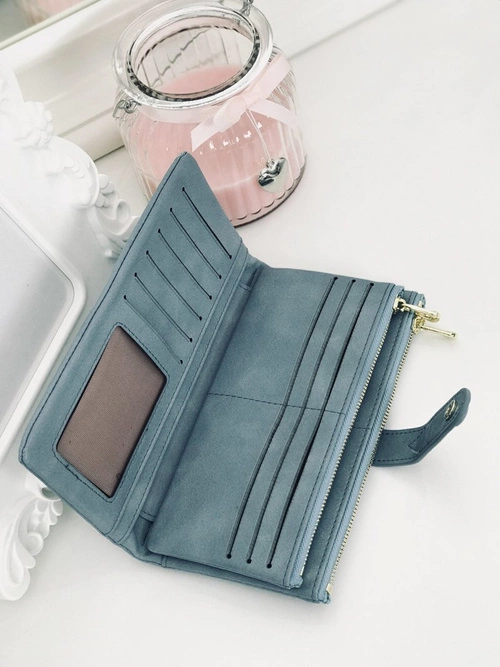 Duży Damski Niebieski Portfel Złote Okucia