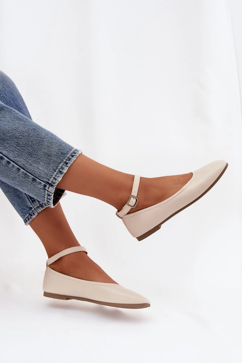 Baleriny Damskie Z Paskiem I Klamrą Beżowe Janelor