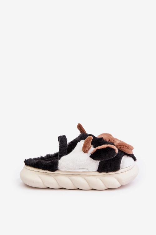 Dziecięce Futrzane Kapcie Z Motywem Krowy Czarne Tamorrin